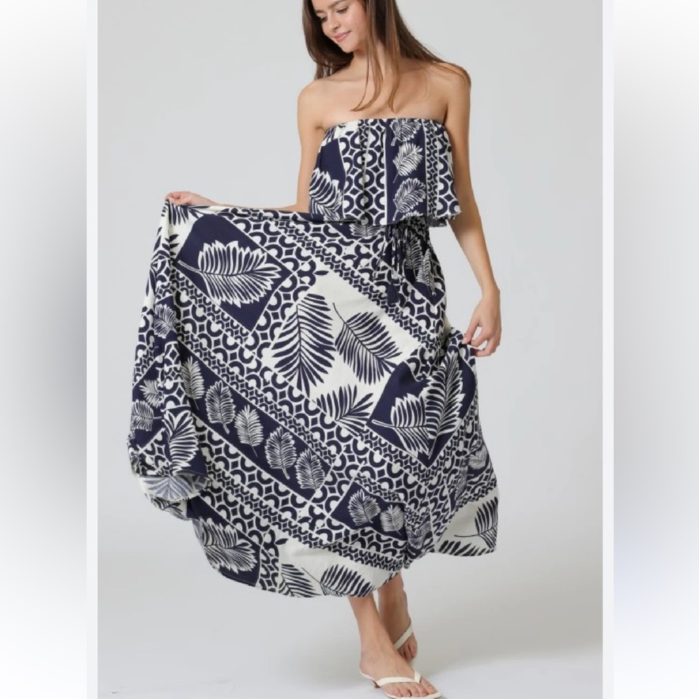 Aakaa Navy and White Tropical Print Strapless Maxi Dress